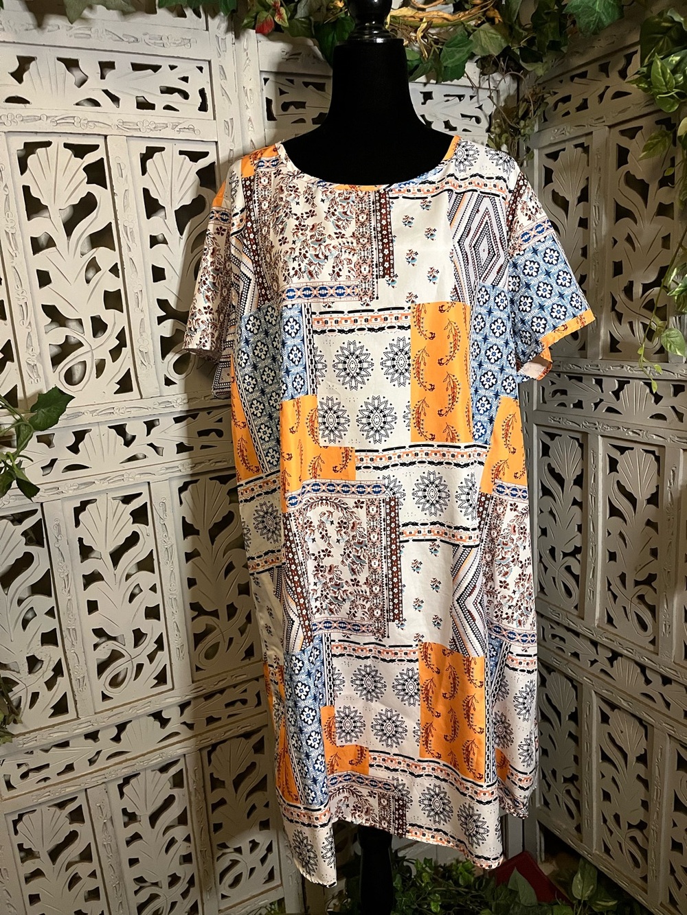 PERFECT PATCHWORK MIX PRINT CASUAL COMFY SLEEVELESS T-SHIRT STYLE MIDI DRESS
